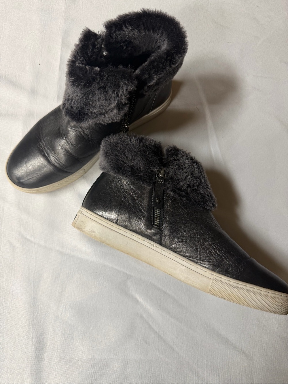 Trask Black Leather Fur-Trim Ankle Booties